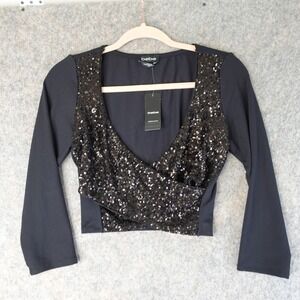 Bebe Crop Top Womens M Black Sequin Wrap V Neck Stretch Disco Glam Party NWT